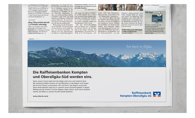 Fusionskampagne Raiffeisenbank Kempten-Oberallgäu. Keyvisual mit Grünten als verbindendes Element.